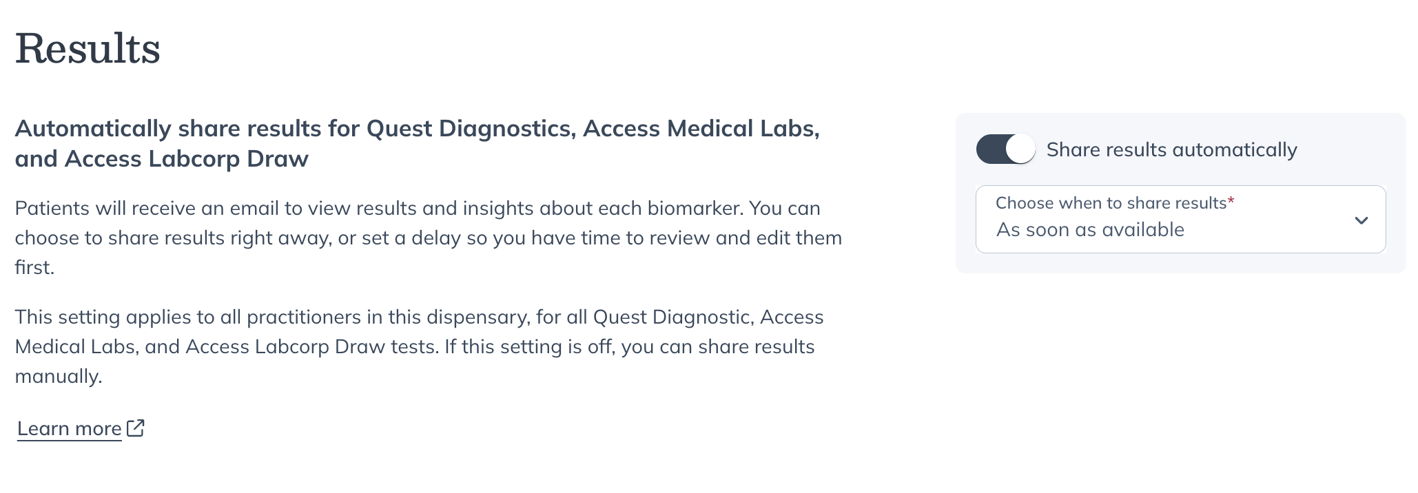 Results section with Share results automatically toggle and timing dropdown.